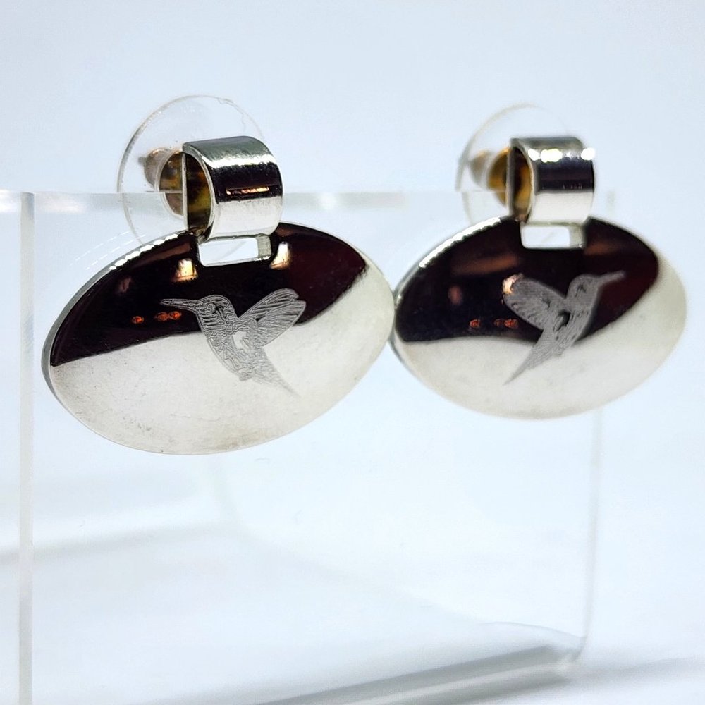 Vintage BEST Etched Hummingbird Silver Oval Pierced Earrings NOC NOS